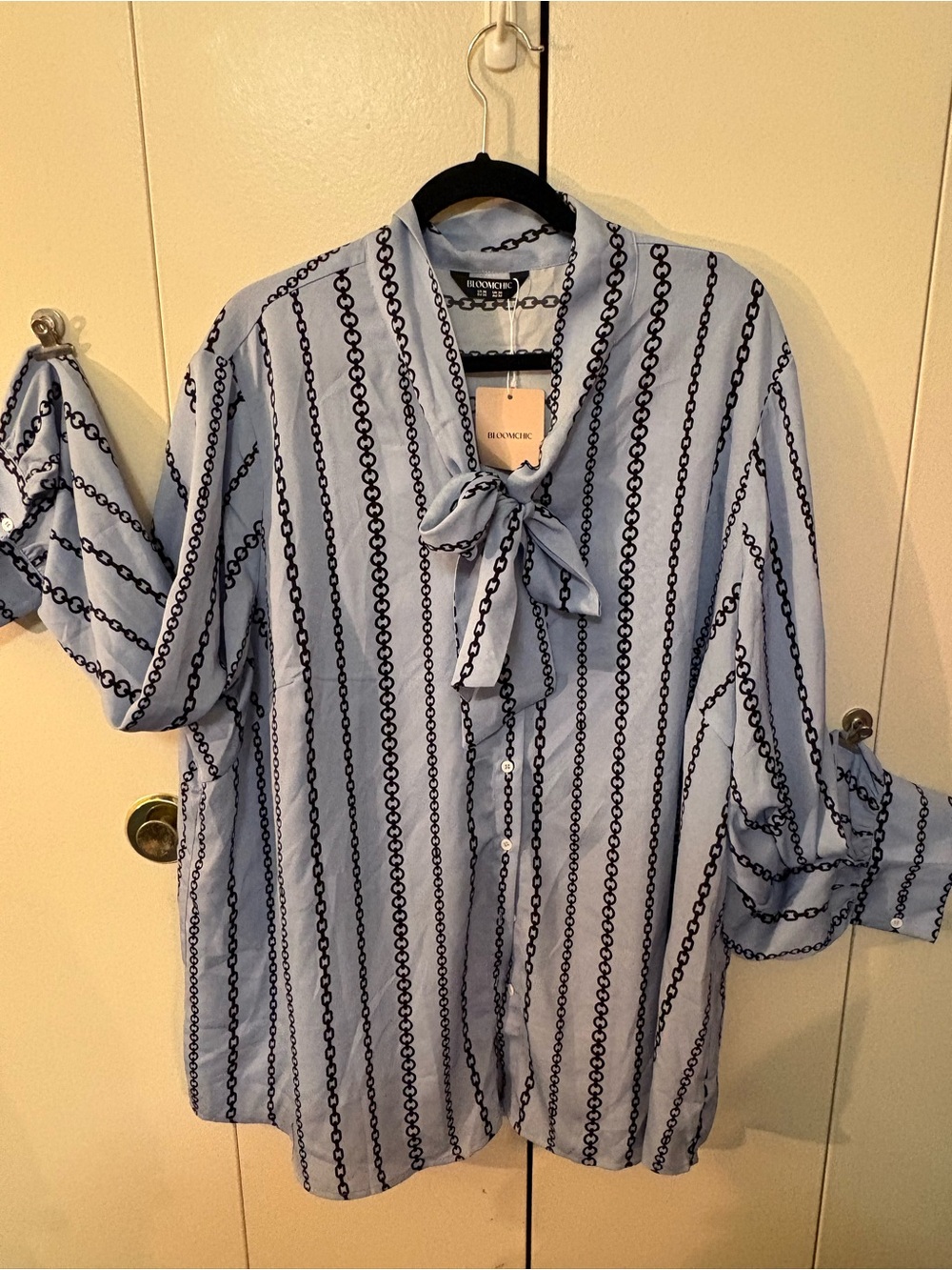 BloomChic Blue with Black Striped Tie-Neck Button Down Shirt
